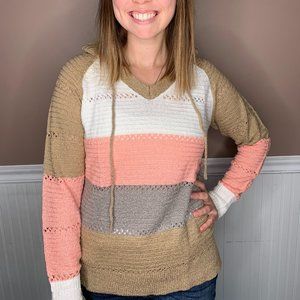 Knit Sweater Pullover with Hood, Colorblock